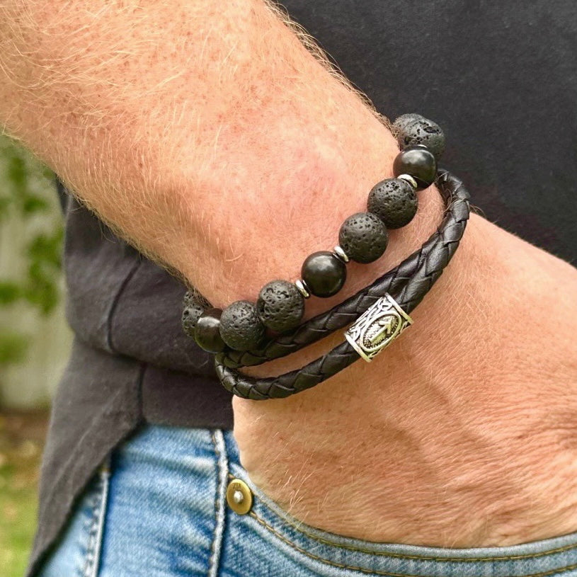 2-bracelet Viking Rune Set - Leather + Lava Bead