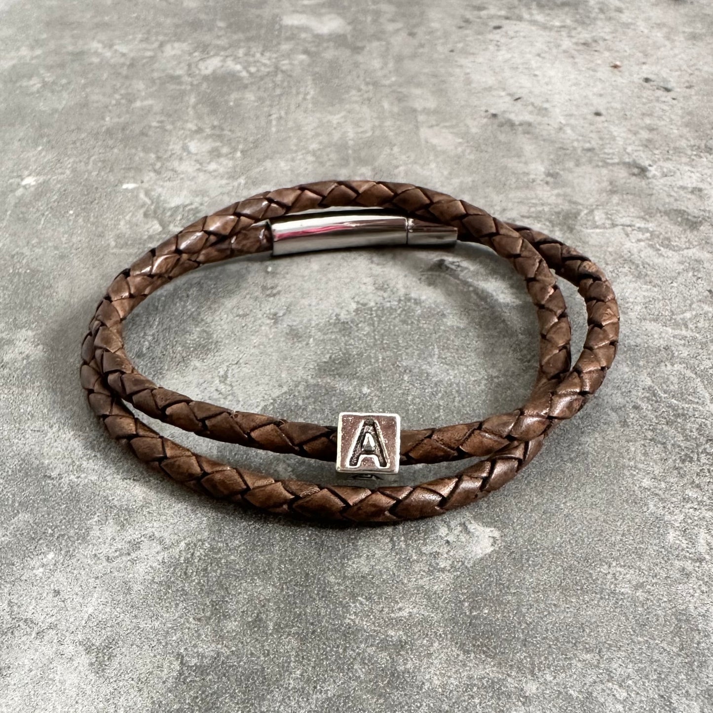 Vintage Brown Leather Personalised Initial Bracelet