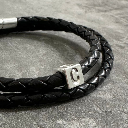 Black Leather Personalised Initial Bracelet