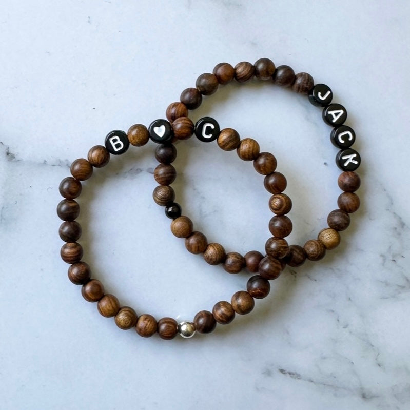 Mens Name Bracelet - Wood Bead